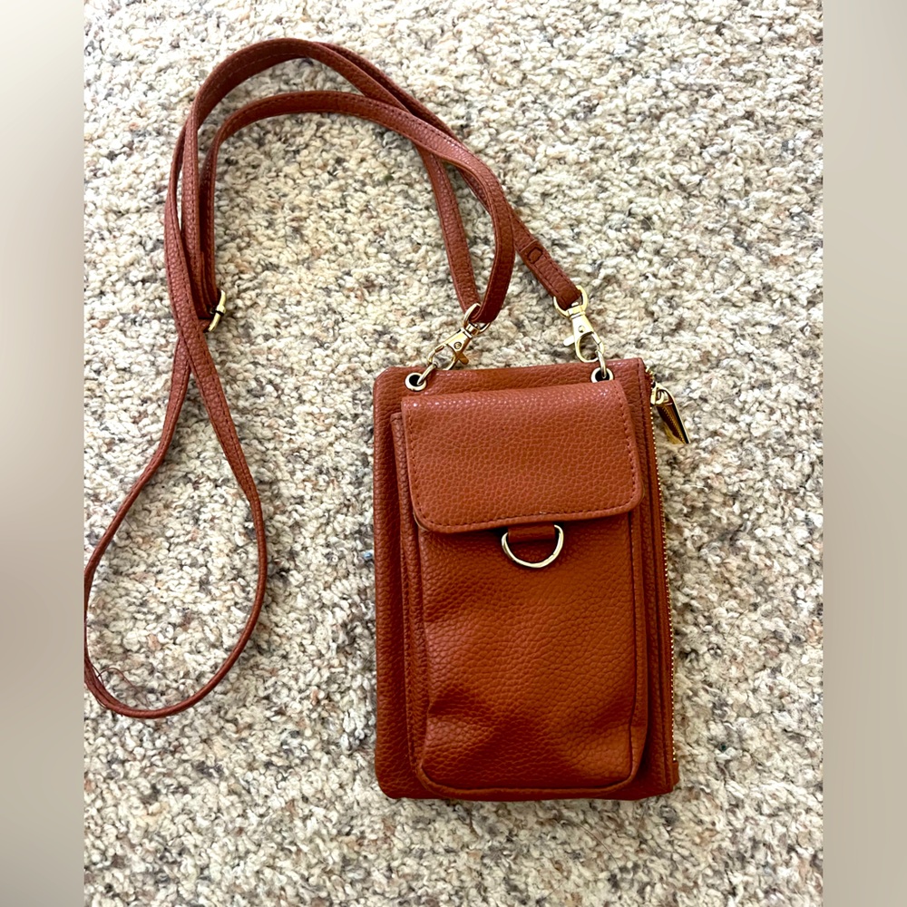 Brown and gold faux leather wallet with crossbody option